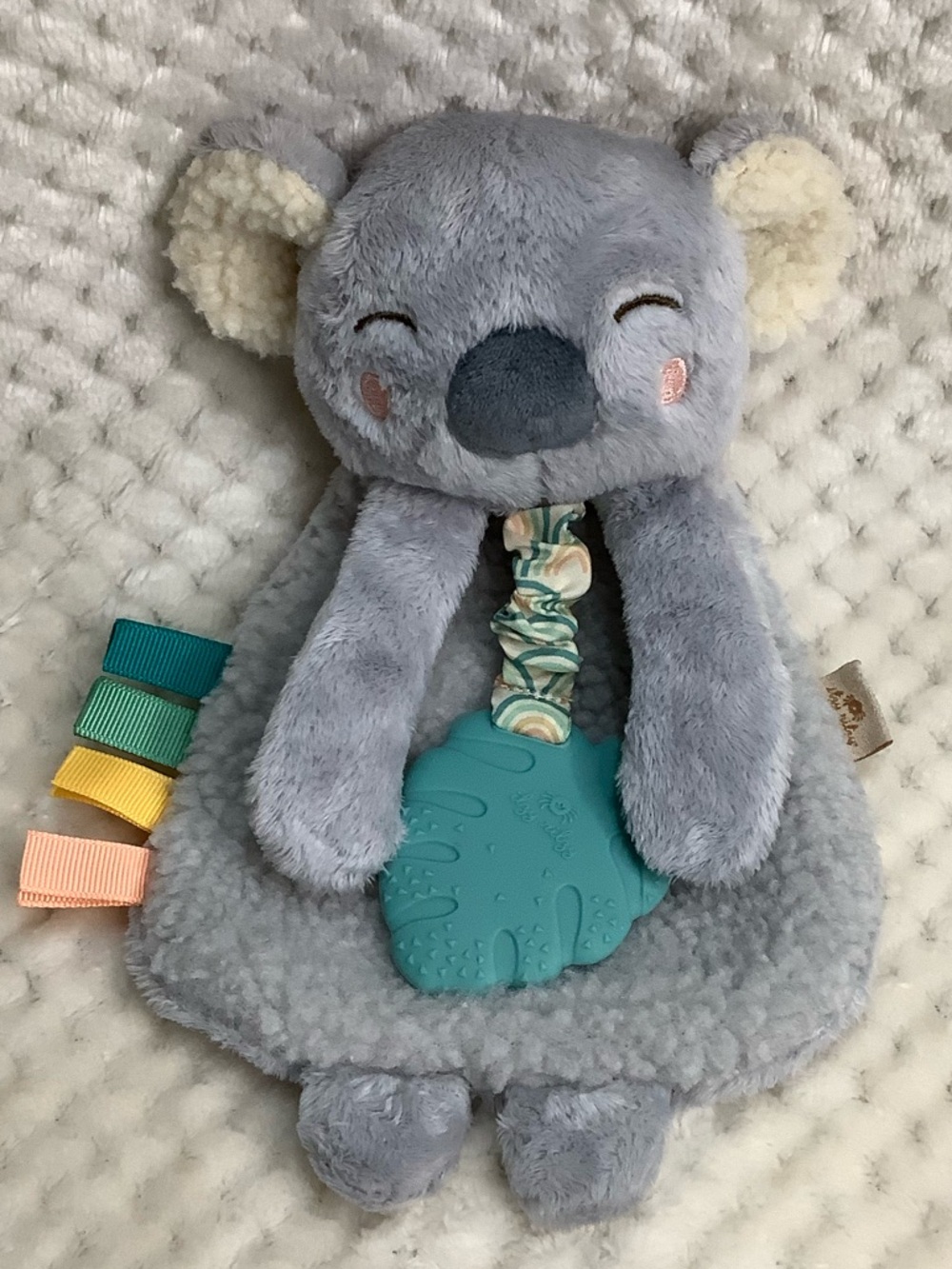 Itzy Ritzy Grey Koala Lovey Comfort Toy w Teal Teether and Colorful Ribbon Tabs